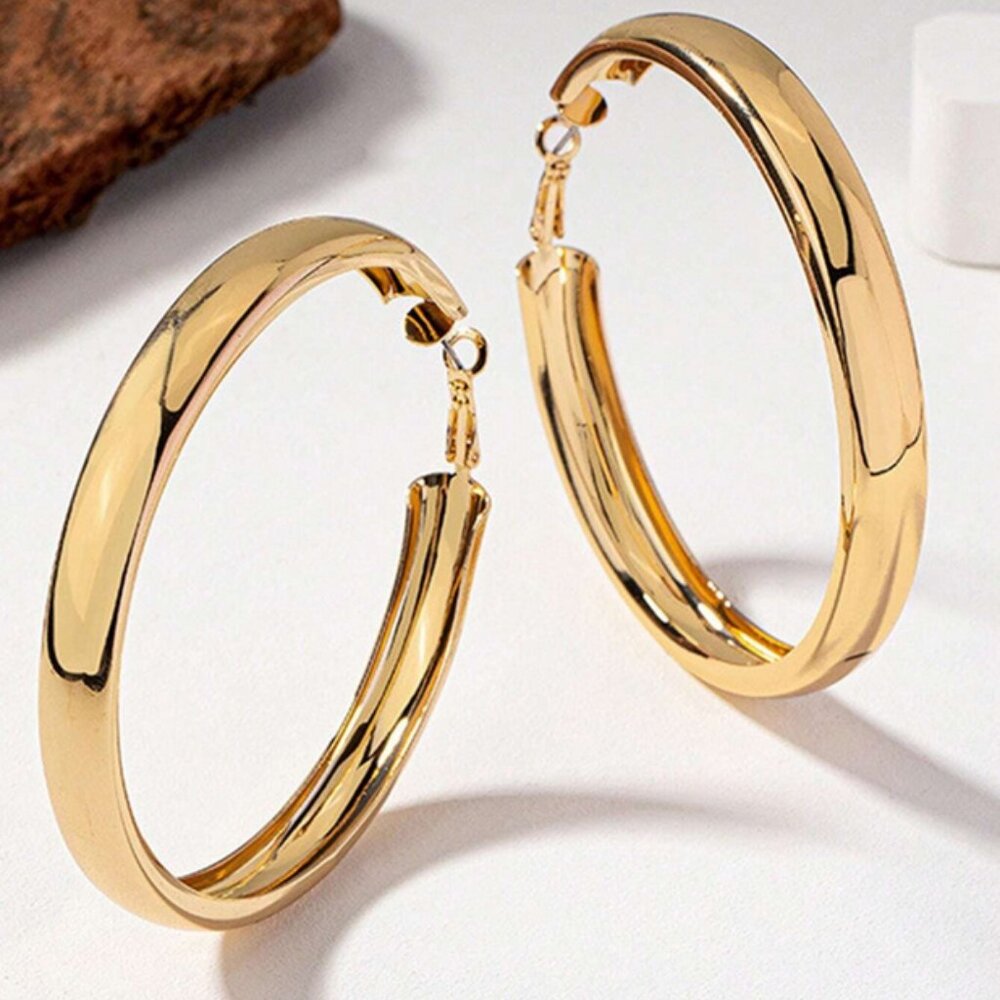 14K Gold Womens 2.75" Large Chunky Hoop Earrings 14 k Silver Big Hoops Jewelry - Picture 5 of 5
